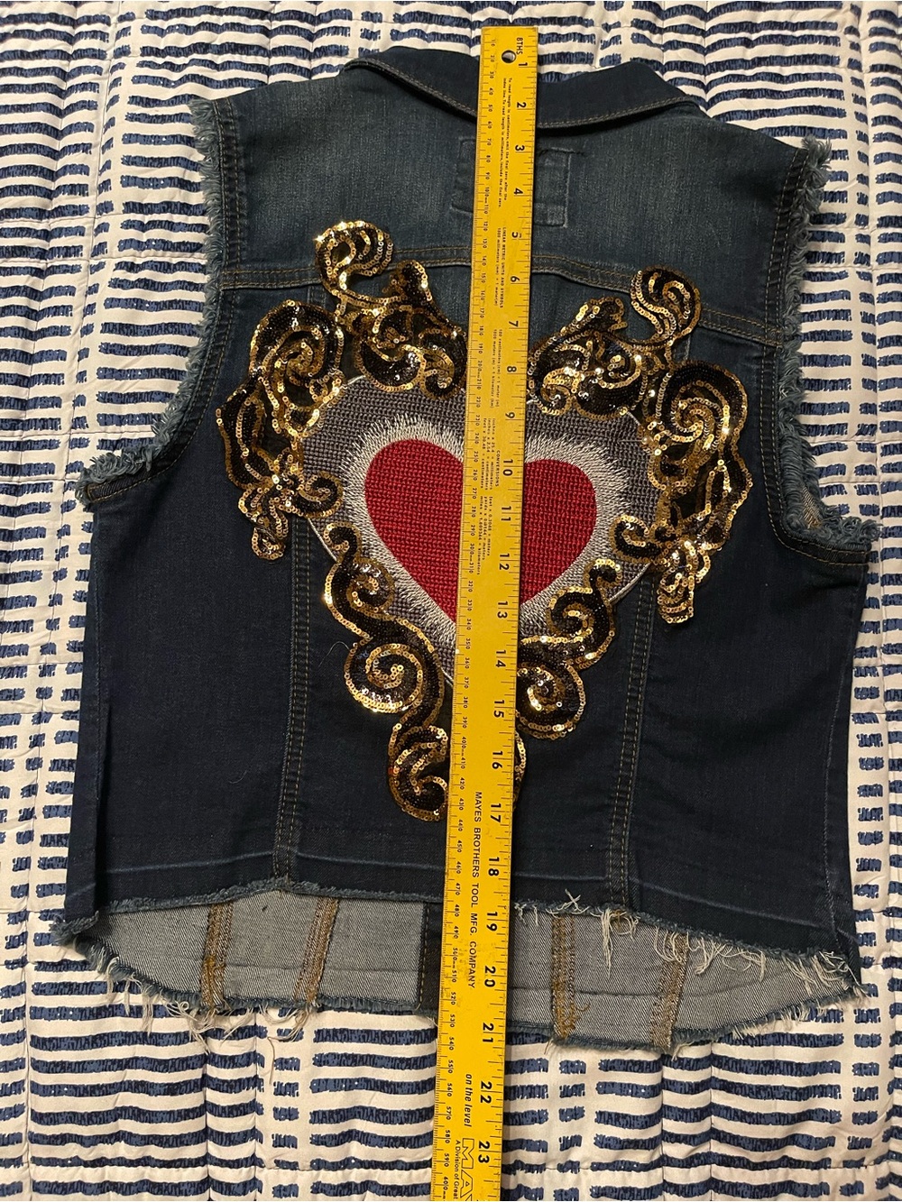 Denim Vest with Gold Sequin Heart Embellishment - Women Jeans